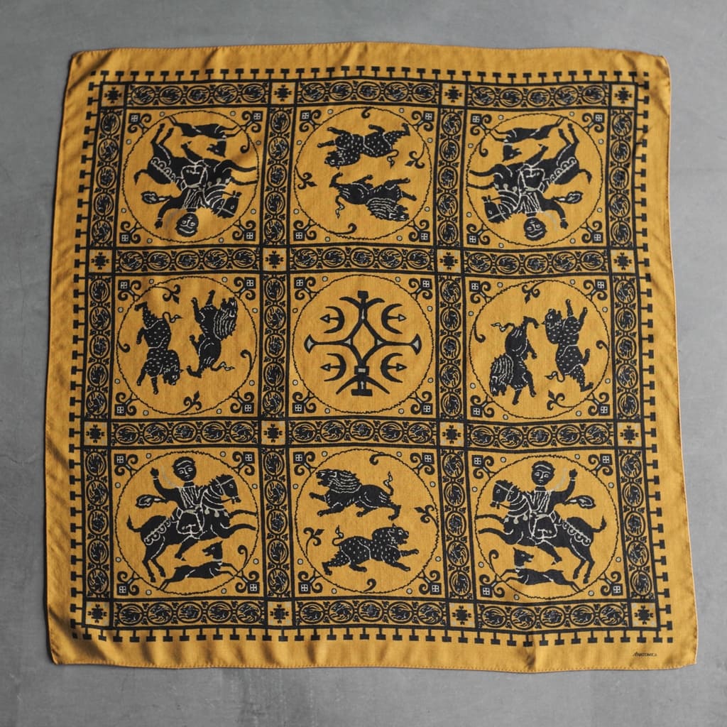 MOSAIC ANIMAL SCARF - WOOL × SILK - BURGUNDY & EMERALD GREEN & SAFFRON