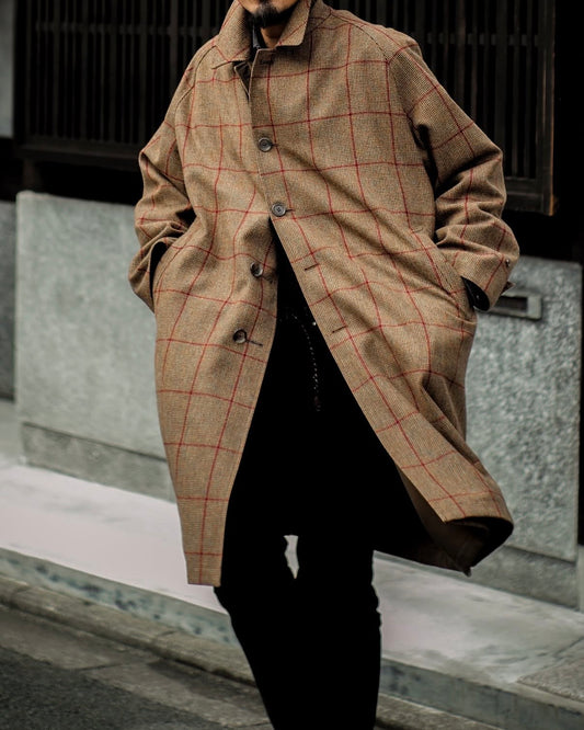 SINGLE RAGLAN COAT Ⅱ EX. - GABARDINE × PEN CHECK TWEED - BROWN