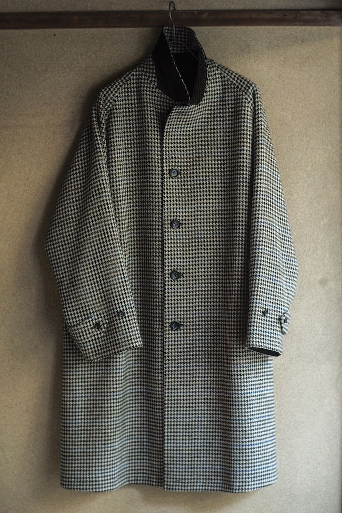 SINGLE RAGLAN COAT Ⅱ - GABARDINE × HOUND’S TOOTH TWEED - BLACK