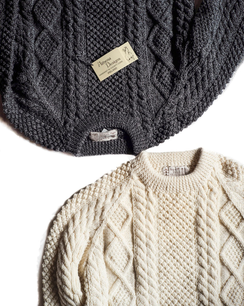 ATHENA DESGIN for ANATOMICA - ARAN CREW NECK SWEATER - WHITE & GREY