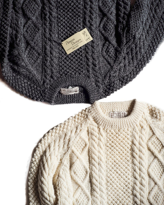 ATHENA DESGIN for ANATOMICA - ARAN CREW NECK SWEATER - WHITE & GREY