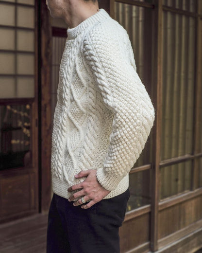 ATHENA DESGIN for ANATOMICA - ARAN CREW NECK SWEATER - WHITE & GREY