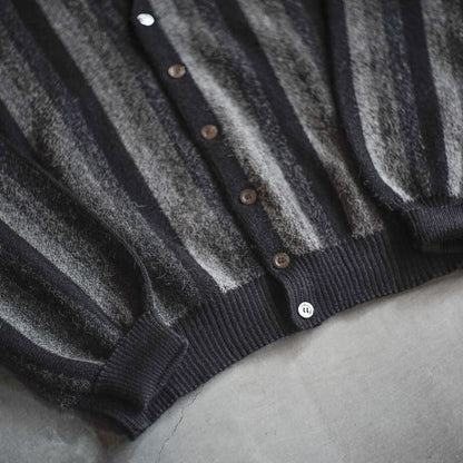 FANNI LEMMERMAYER V NECK CARDIGUN - 2PLY ALPACA - BLACK GREY STRIPE