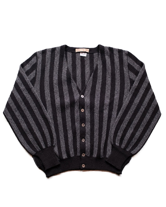 FANNI LEMMERMAYER V NECK CARDIGAN - 2PLY ALPACA - BLACK GREY STRIPE
