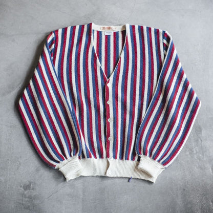 FANNI LEMMERMAYER V NECK CARDIGUN - 2PLY ALPACA - OFF WHITE × BLUE × RED STRIPE