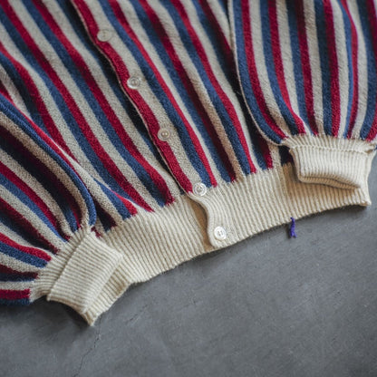 FANNI LEMMERMAYER V NECK CARDIGUN - 2PLY ALPACA - OFF WHITE × BLUE × RED STRIPE