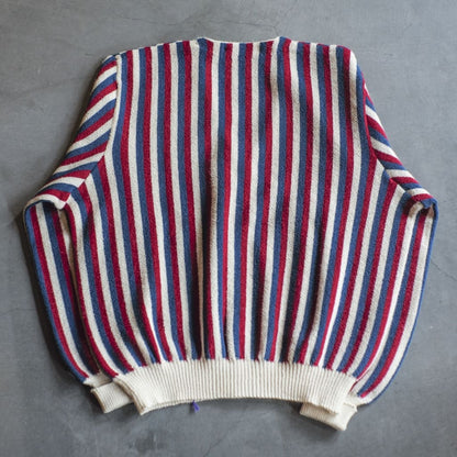 FANNI LEMMERMAYER V NECK CARDIGUN - 2PLY ALPACA - OFF WHITE × BLUE × RED STRIPE