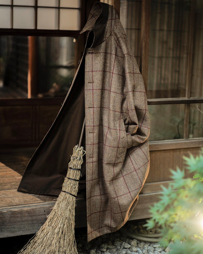 SINGLE RAGLAN COAT Ⅱ EX. - GABARDINE × PEN CHECK TWEED - BROWN