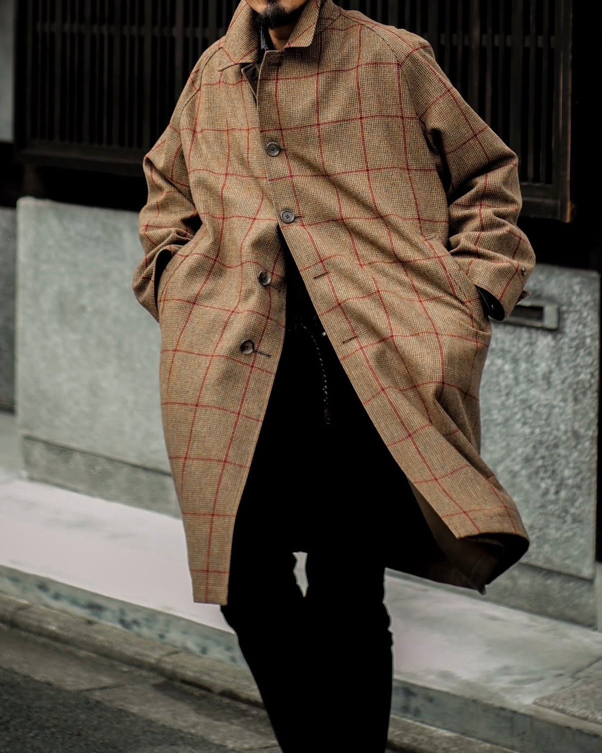 SINGLE RAGLAN COAT Ⅱ EX. - GABARDINE × PEN CHECK TWEED - BROWN