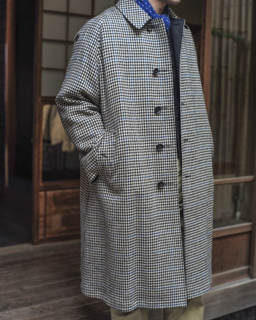 SINGLE RAGLAN COAT Ⅱ - GABARDINE × HOUND’S TOOTH TWEED - BLACK