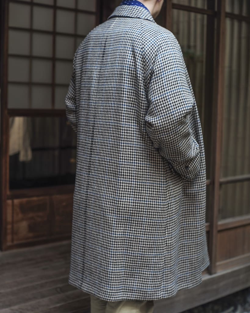 SINGLE RAGLAN COAT Ⅱ - GABARDINE × HOUND’S TOOTH TWEED - BLACK