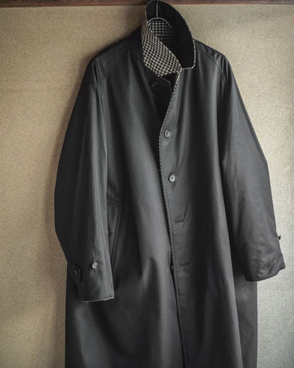 SINGLE RAGLAN COAT Ⅱ - GABARDINE × HOUND’S TOOTH TWEED - BLACK